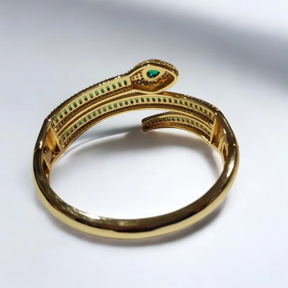 Luxury 18k Gold Plated Coiled Snake Emerald Crystal Clamper Bracelet - Picture 4 of 5